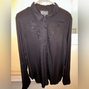 Midnight Hour Black Embroidered Button-Up Blouse